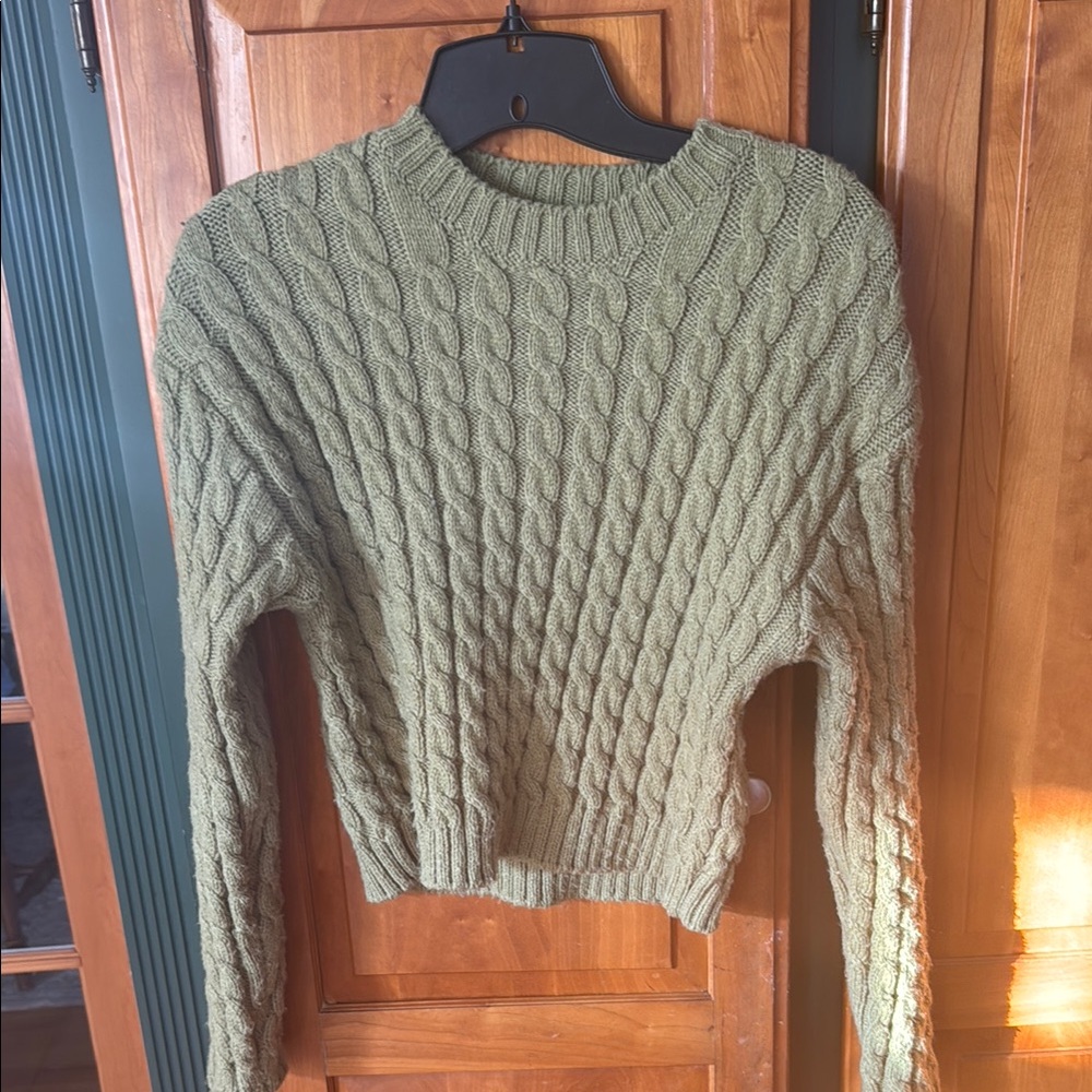 Muted Olive Green Cable Knit Crewneck Sweater